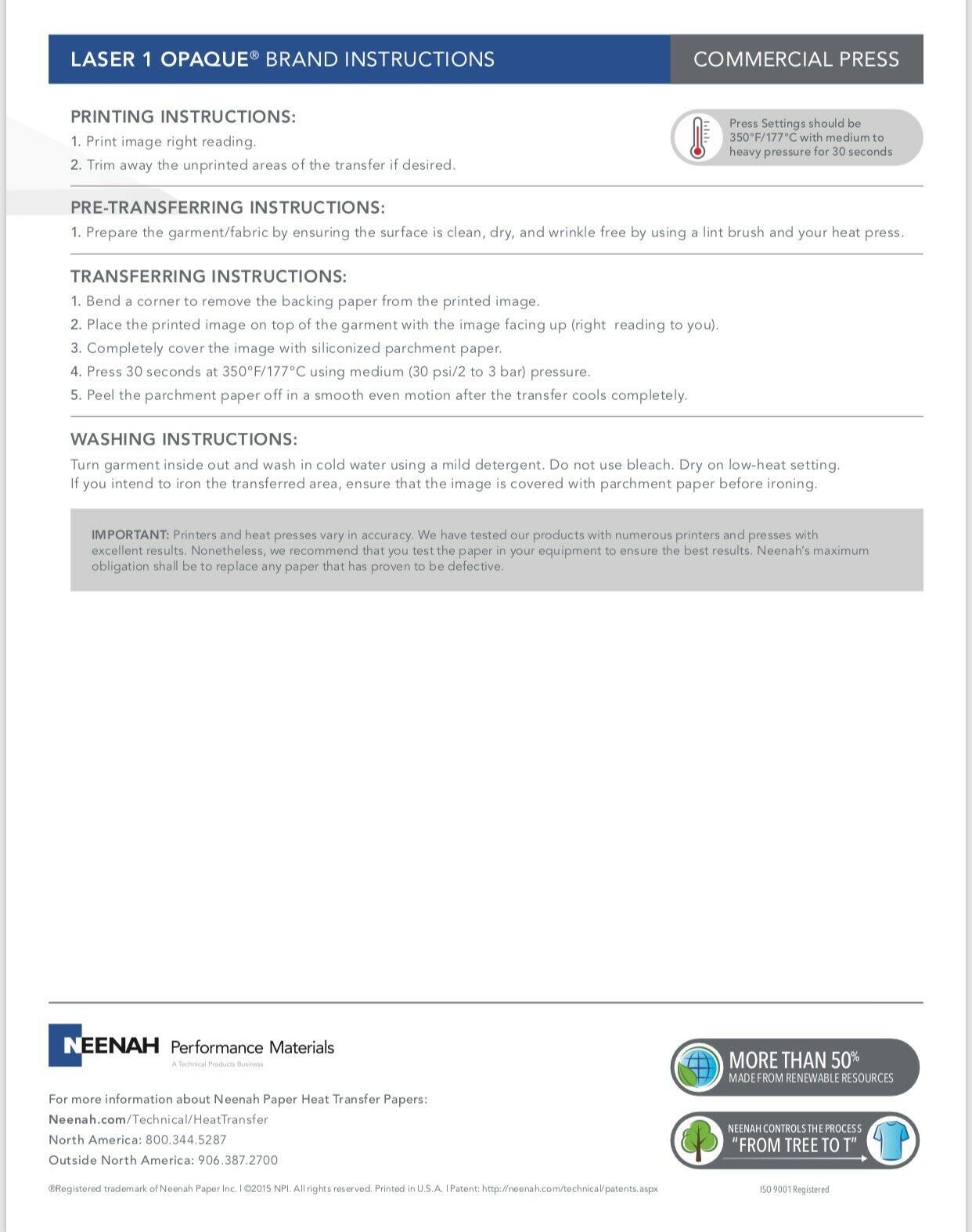 NEW Neenah Laser 1 Opaque Laser Paper for Dark Garments 8.5”x11” 10