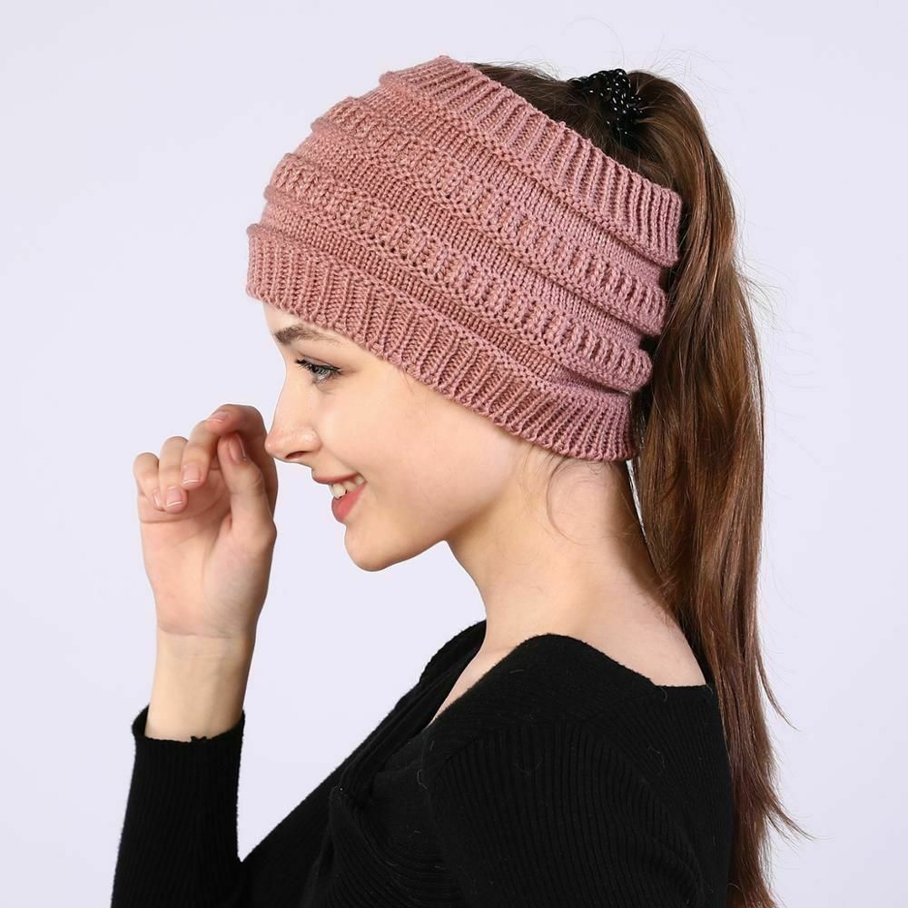 Women Knitted Winter Beanie Hat Ponytail Stretch Crochet Knit Hats Fashion Cap