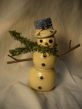 Vaillancourt Folk Art Wind Blown Snowman w/ Stick Arms & Blue Winter Hat Signed  image 1