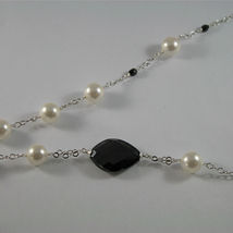 .925 SILVER RHODIUM NECKLACE WITH BLACK ONYX, WHITE SYNTHETIC PEARLS, 28.35 IN image 4