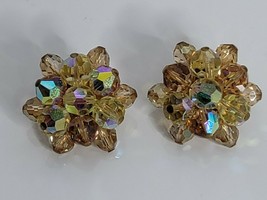 Vintage Gold Tinted AB Crystal Faceted Beaded Cluster Clip On Earrings - $6.99