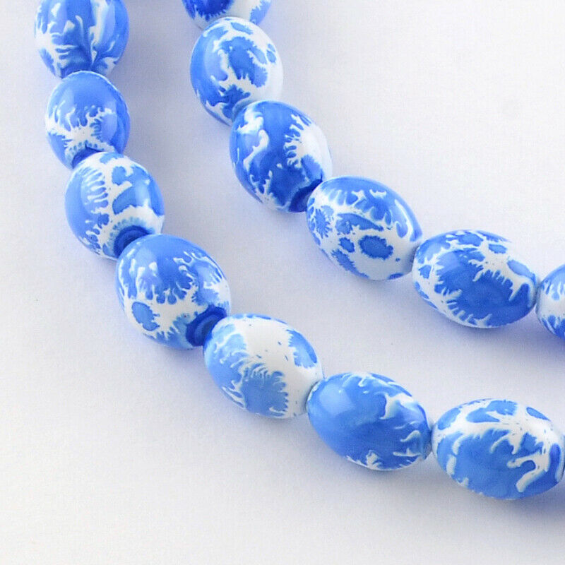 20 Speckled Glass Beads 8mm Blue White Oval Splatter Jewelry Making Findings