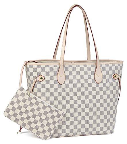 Daisy Rose Checkered Tote Shoulder Bag with inner pouch - PU Vegan Leather Cream - Handbags & Purses