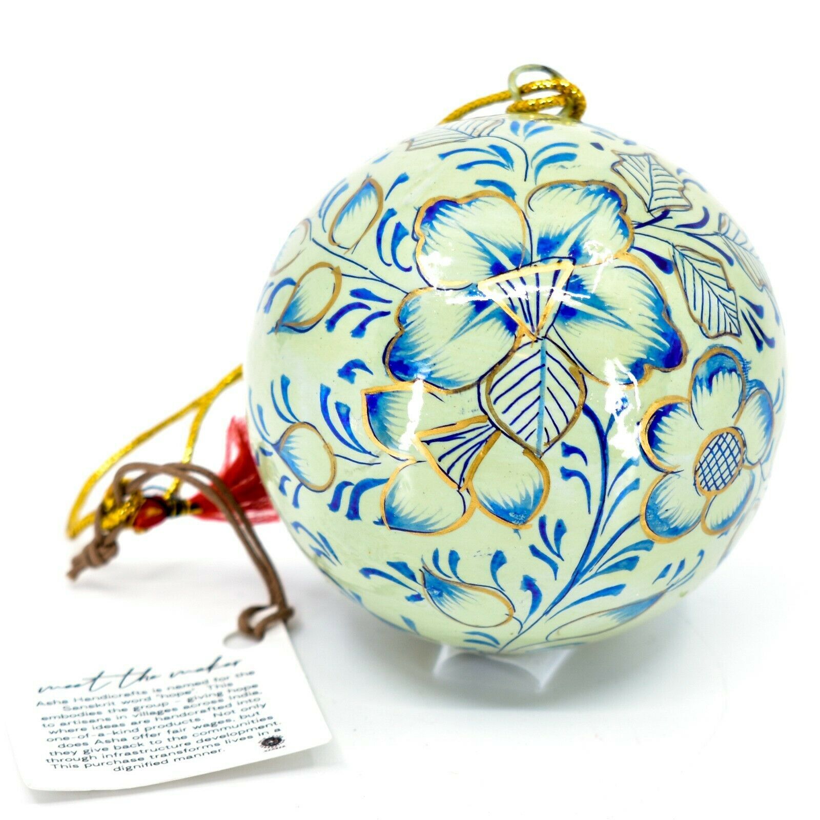 Primary image for Asha Handicrafts Painted Papier-Mâché Blue & Gold Floral Christmas Ornament