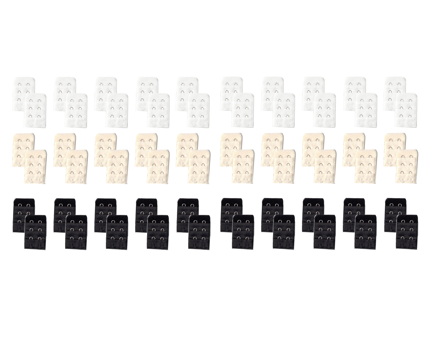 Two-Hook Bra Band Extender 60-Pack in Black, White, Beige (20 per Color)