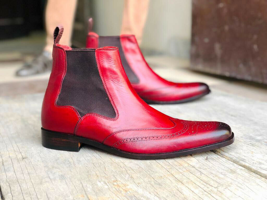 New Burgundy Chelsea Leather Boots. Men's Dress Fashion Boots, Men