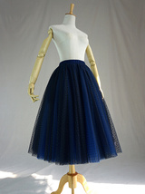 Navy Tea Length Tulle Skirt Plus Size Tulle Skirts Navy A-line Polka dot Skirt image 6