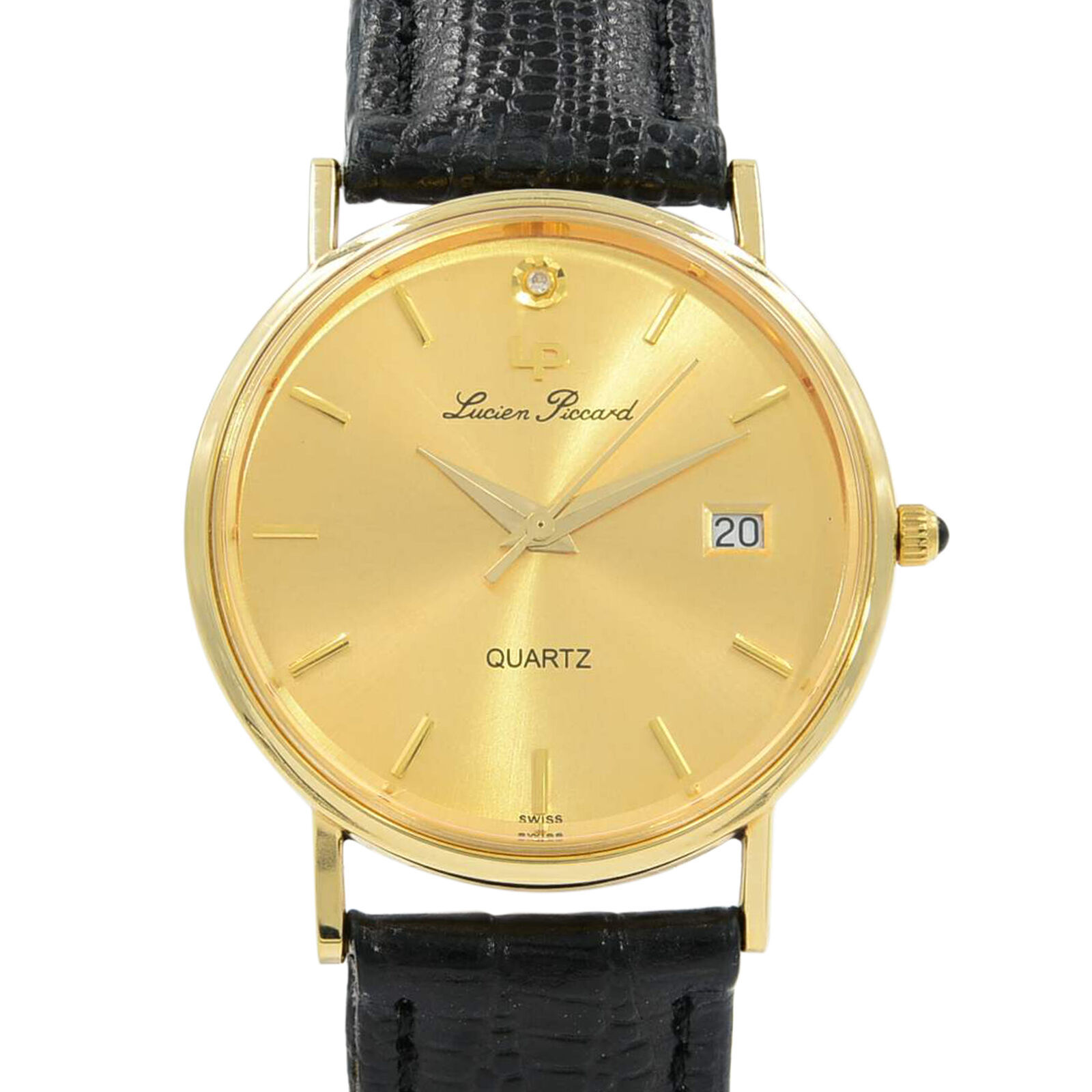 Lucien Piccard 33mm 14K Yellow Gold Leather Swiss Quartz Mens Watch ...