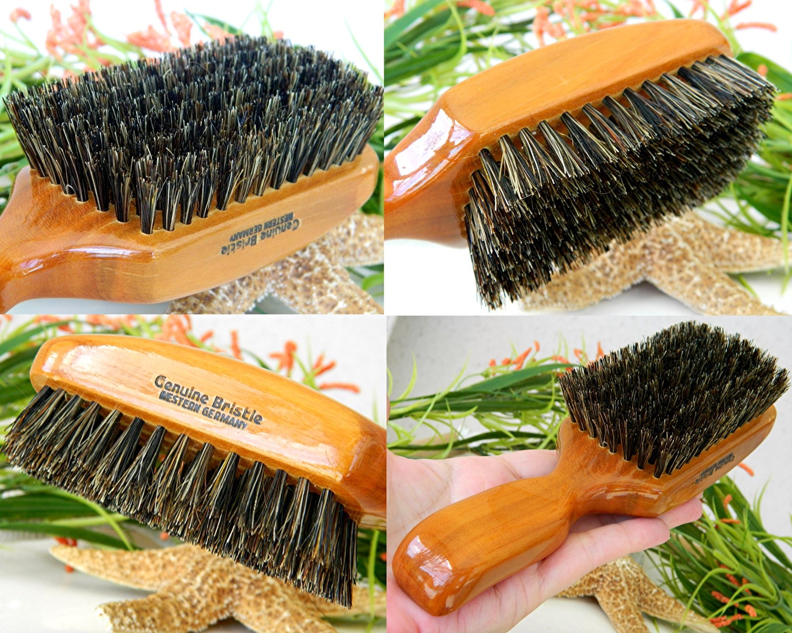 Vintage Genuine Bristle Brush Western Germany Fleur De Lis Wood Combs