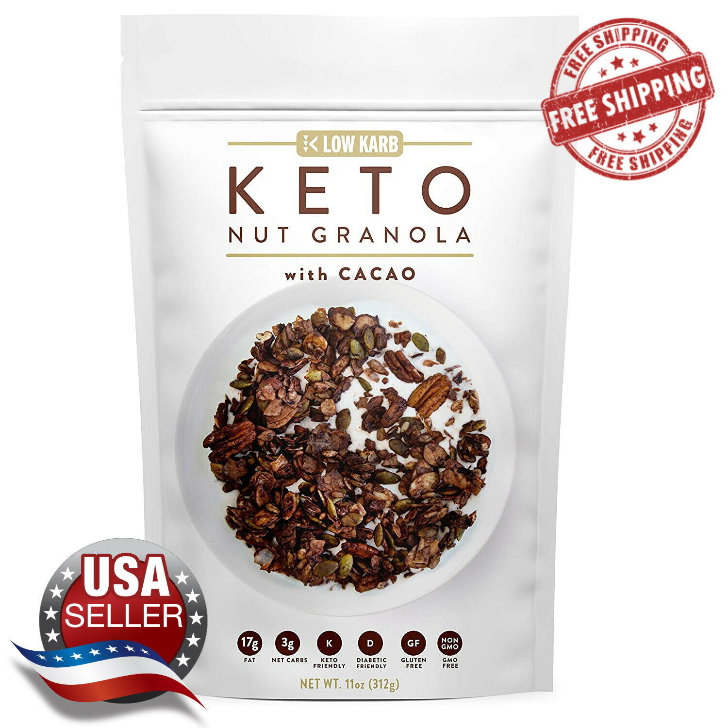 Low Karb Keto Cacao Nut Granola Healthy Breakfast Cereal Free Shipping