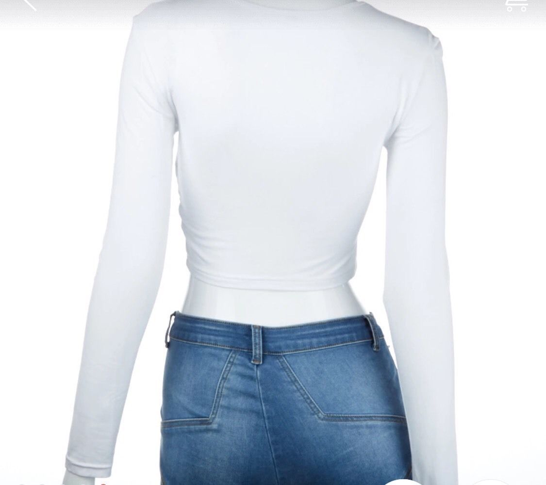 Ladies White Cropped Sexy Long Sleeve Peep Hole Shirt Top Tshirt Tops