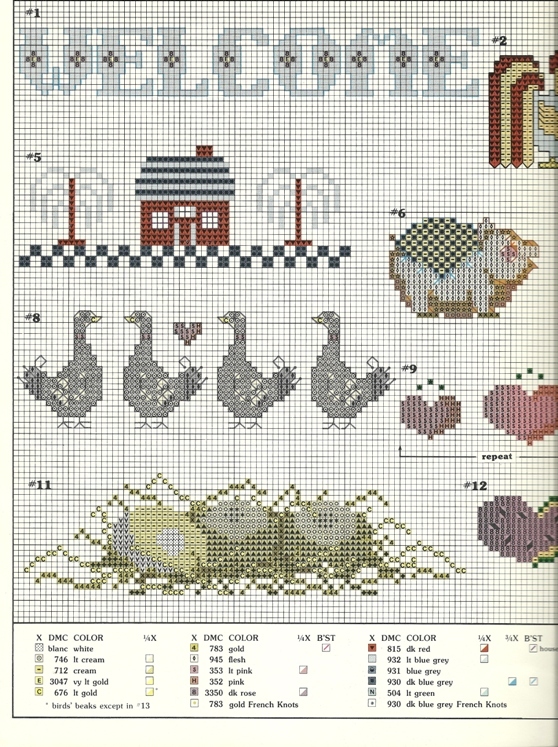 1984 Leisure Arts 308 Hearts Chickens Pigs Eggs Folk Art Borders Cross Stitch Pattern Leaflet Includes 12 Designs to be Stitched 2 pages c