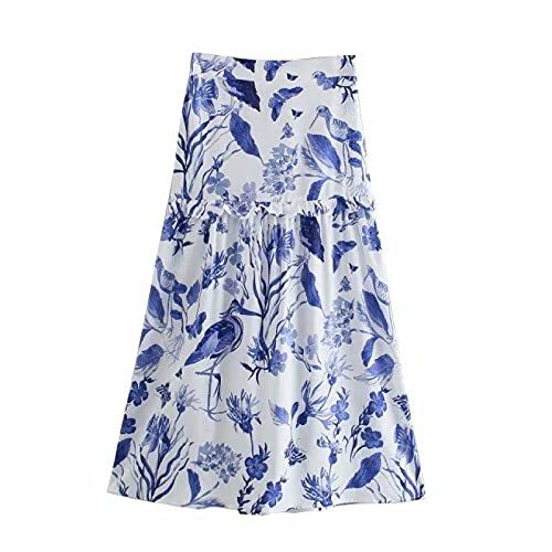 Blue Floral Birds Print Pleat Ruffles Midi Skirt Female Elastic Waist A Line QUN