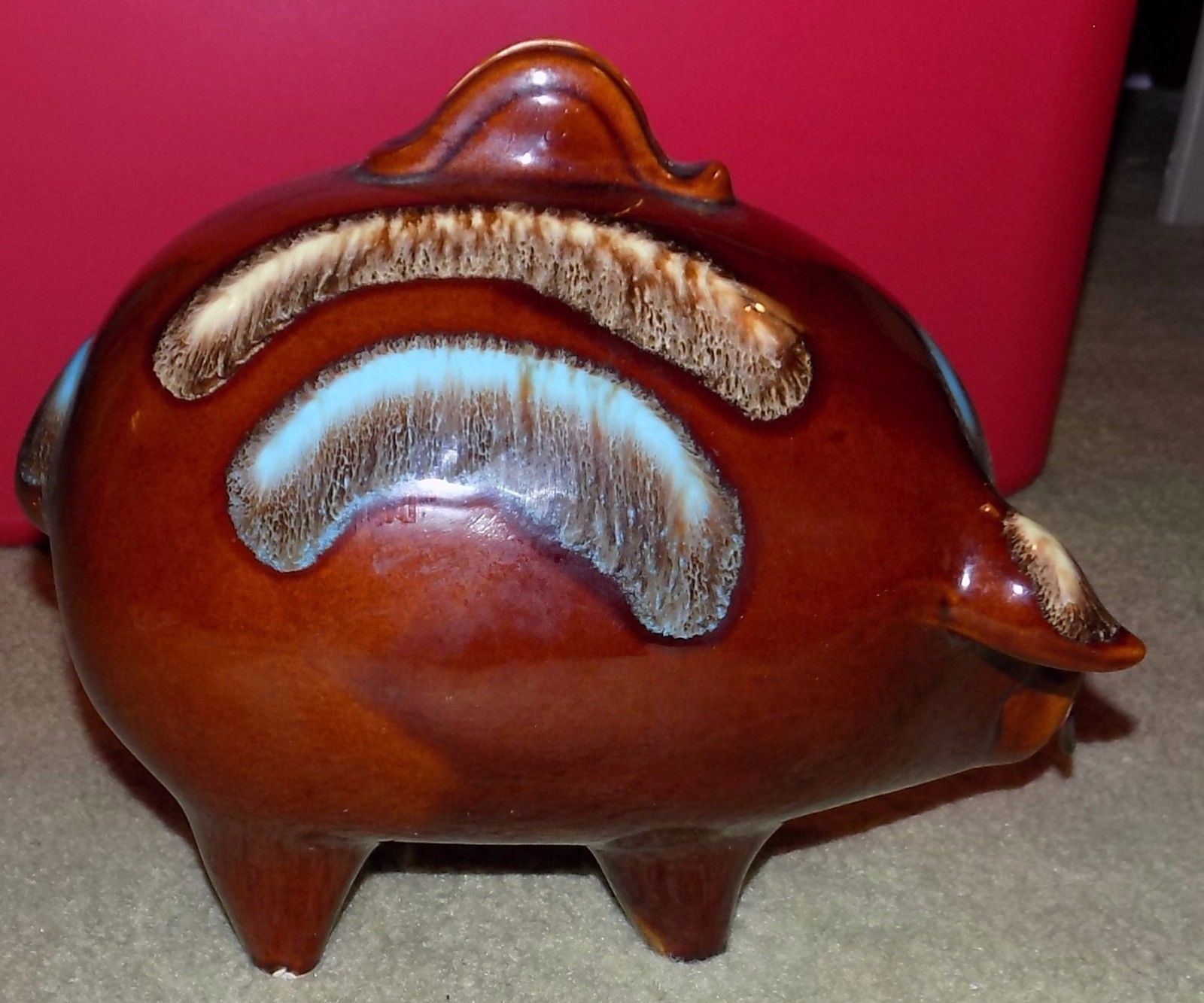 Antique 197 Hull Pottery Ceramic Corky Pig Piggy Bank Drip Glaze Coin