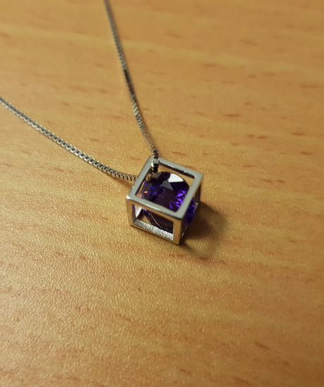 Pendant - Distinctive Purple Stone - In Mini Cube - 925 Sterling SIlver