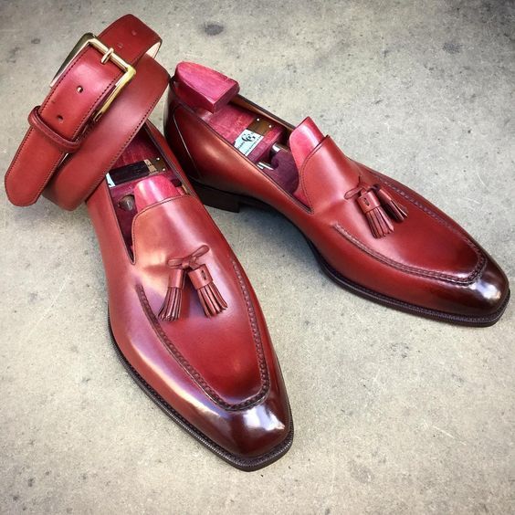 Sophisticated Carmine Red Tassel Loafers Shaded Moc Toe Pure Leather ...