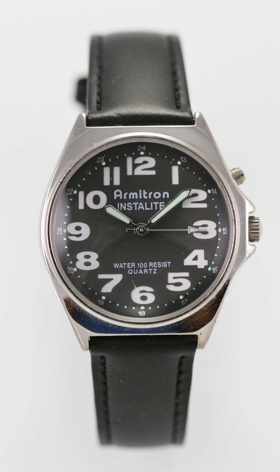 Armitron Watch Mens Light Stainless Silver Battery 30m Black Leather