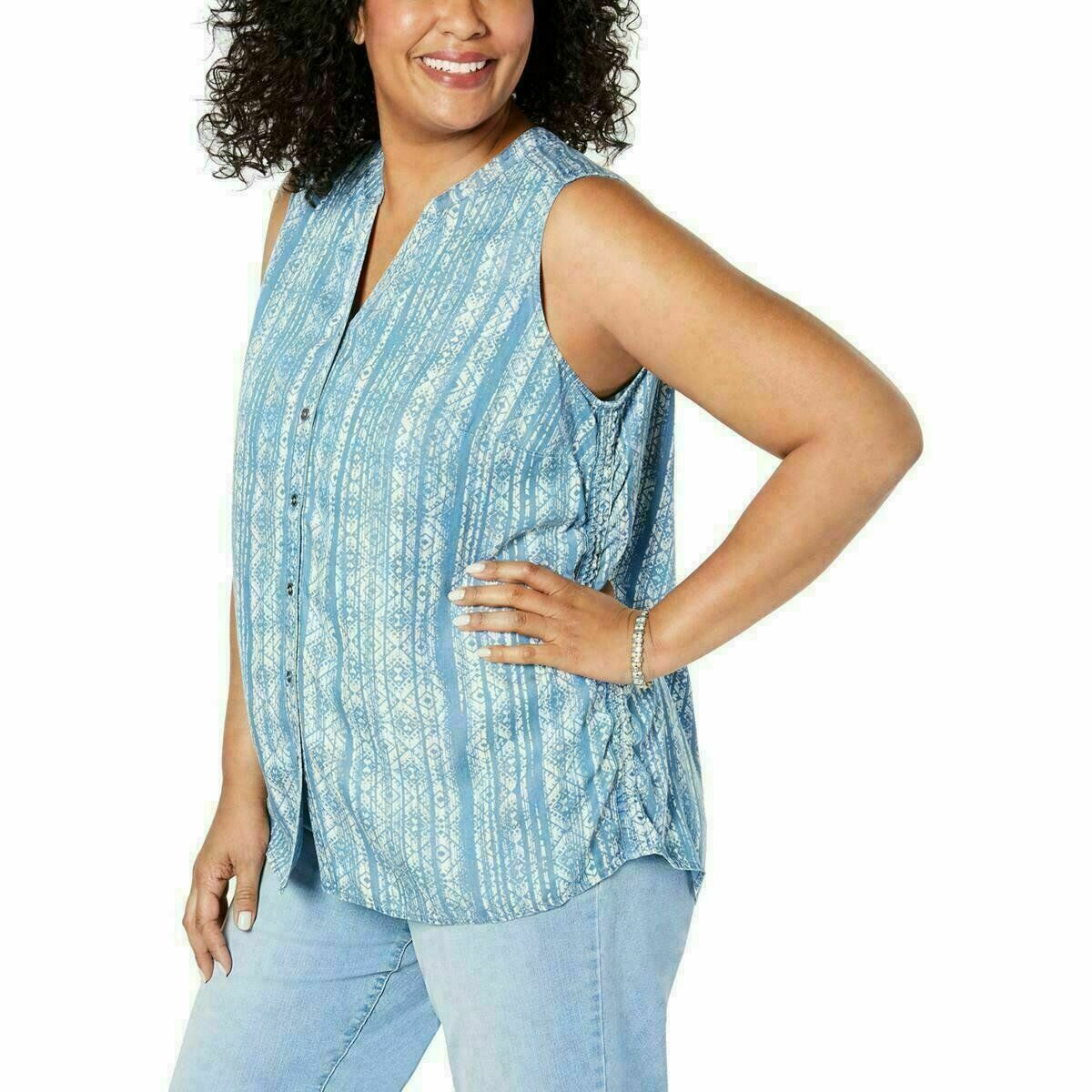 Style & Co Women's Side-Seam Sleeveless Shirt, Tapestry Stripe Blue Size Plus 2X
