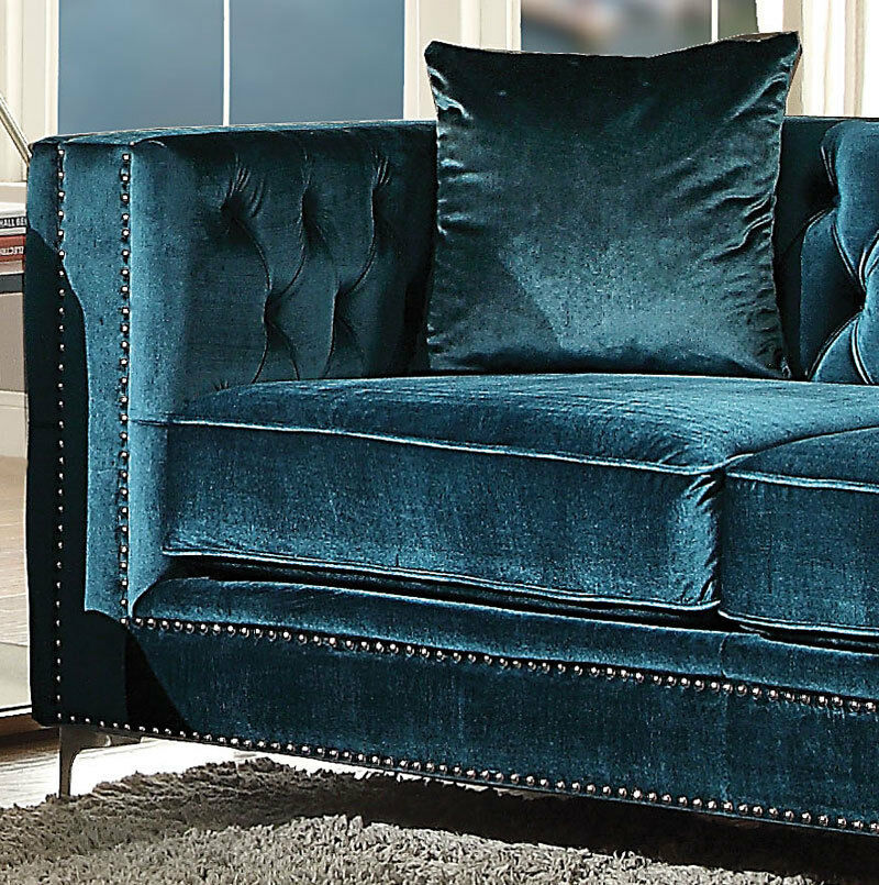 NEW Mid-Century Modern Living Room 2 piece Dark Teal Velvet Sofa Couch