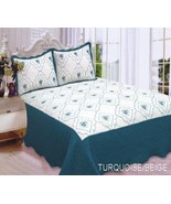 ANNA FLOWERS EMBROIDERED TURQUOISE &amp; BEIGE BEDSPREAD COVERLET SET 3 PCS ... - $53.46