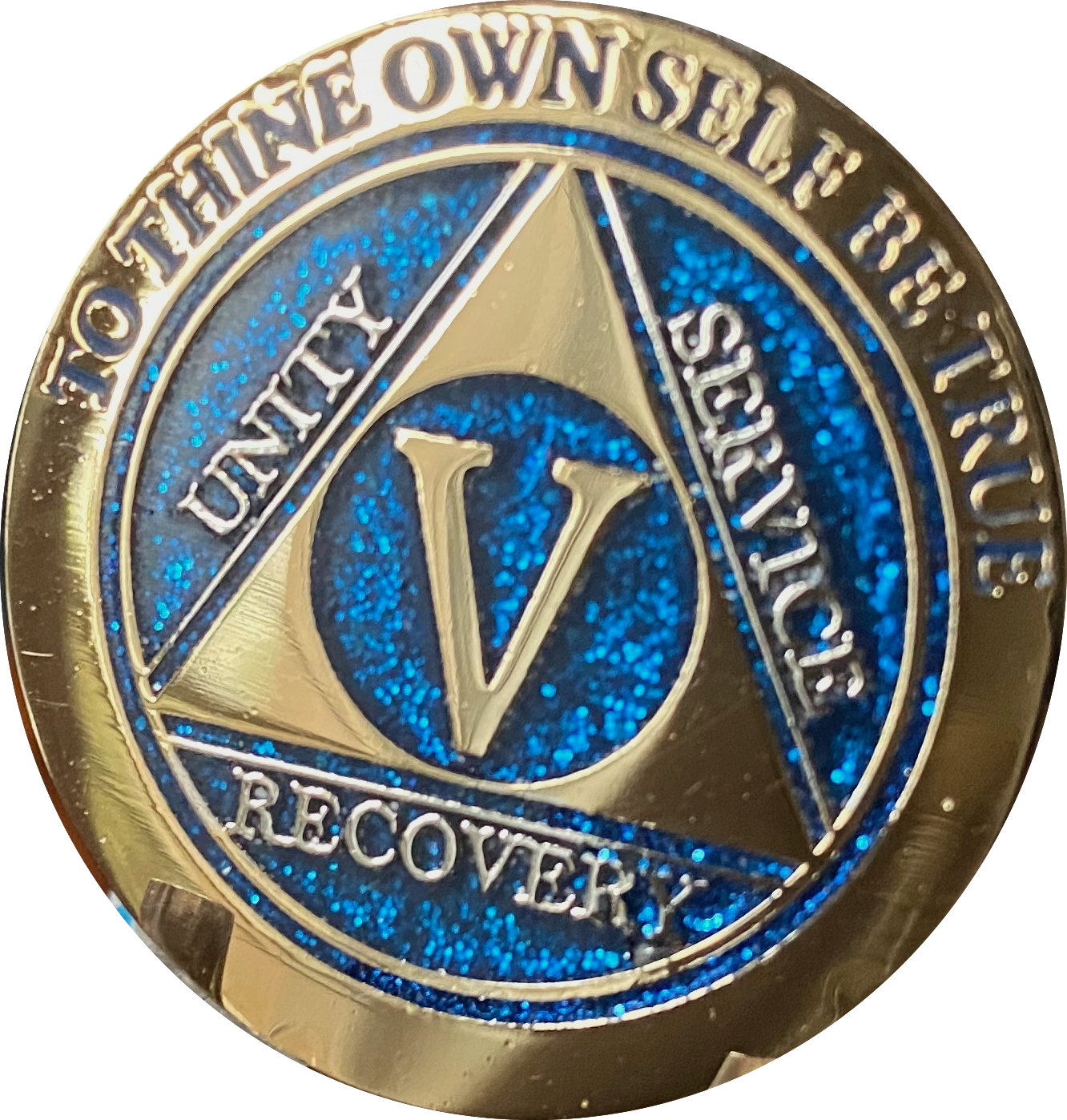 5 Year AA Medallion Elegant Glitter Blue Gold Plated Sobriety Chip Coin five