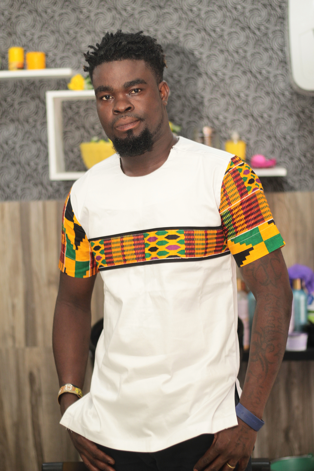 African Men's Kente and White Cotton Short Sleeve Shirt African Men's Clothing