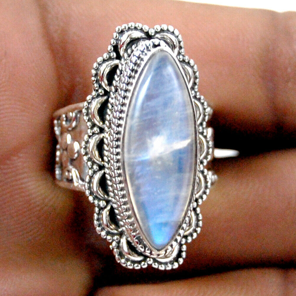 925 sterling silver marquise cut natural, rainbow moon ring sz 4-12