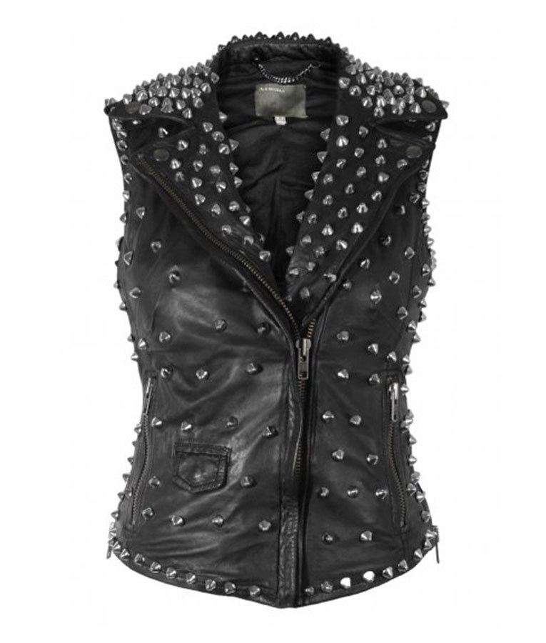 Black Studded Sleeveless Motorcycle Real Leather Jacket Coats
