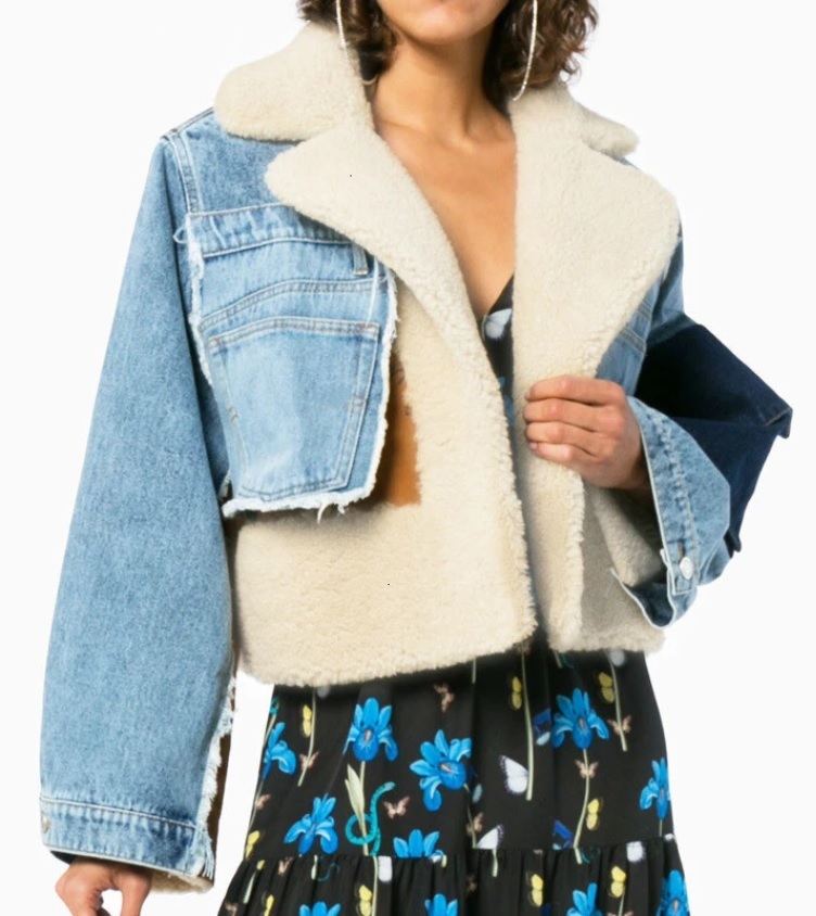 New blue denim patchwork long sleeve faux shearling lining casual women jacket