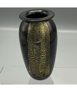 Studio Art Glass Vase Handblown Black Gold Design Iridescent Accent Mura... - $167.94
