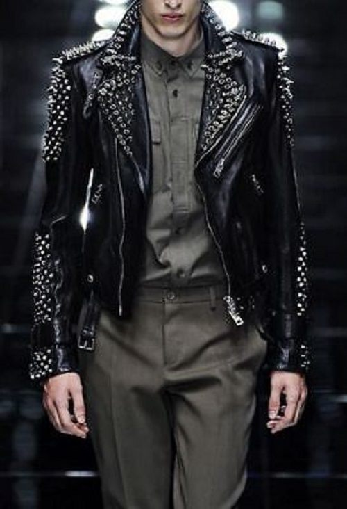 New Handmade Black Color Leather Jacket For Men With Studded - Outerwear