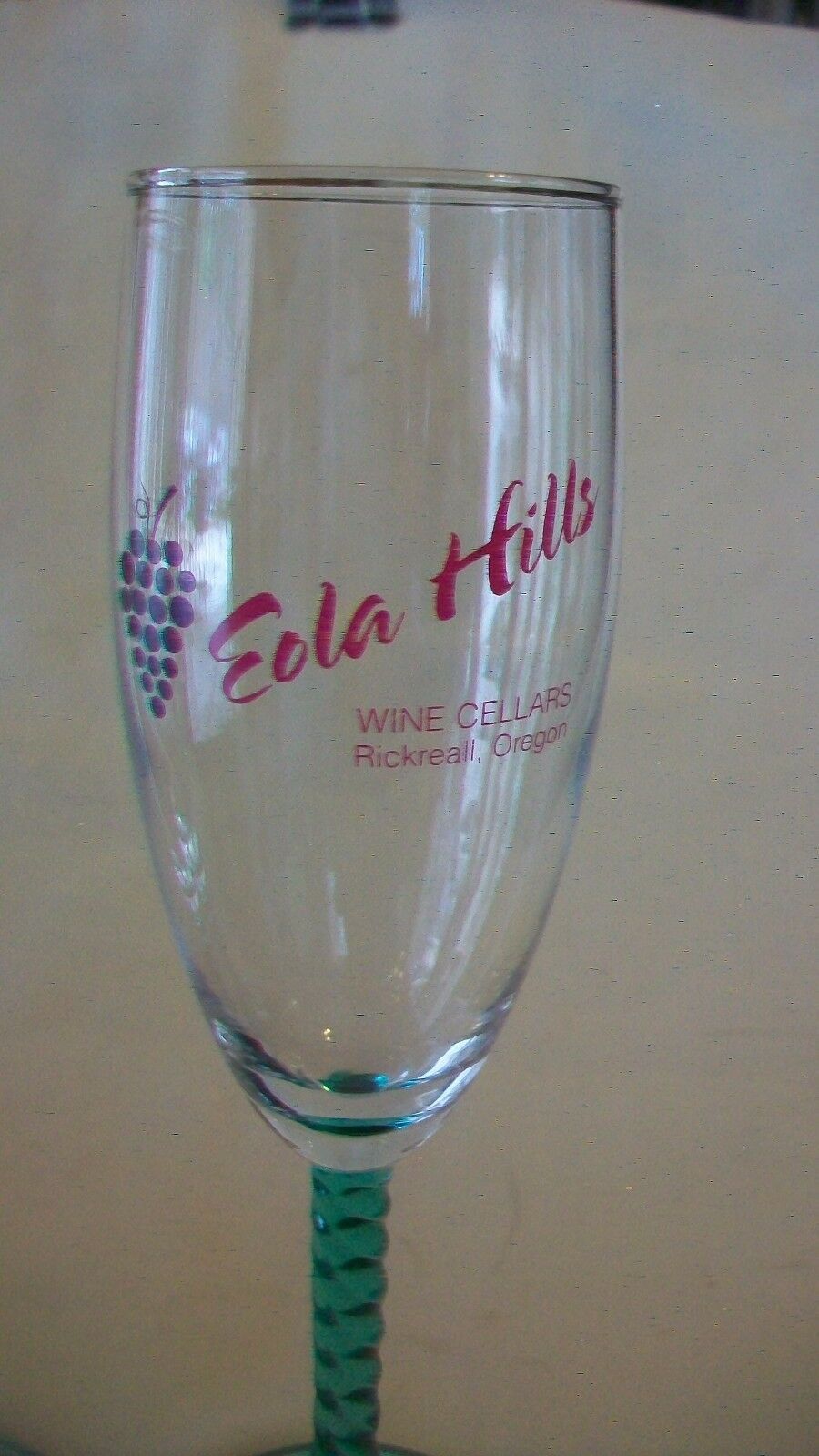 Pair of Green Spiral Stem Wine Glasses from Eola Hills Wine Cellar of