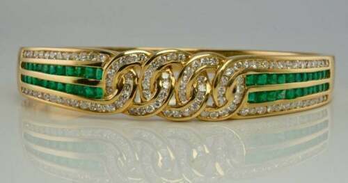 Primary image for Vintage Diamond & Green Emerald Bracelet 7.5" Bangle 14K Yellow Gold Over