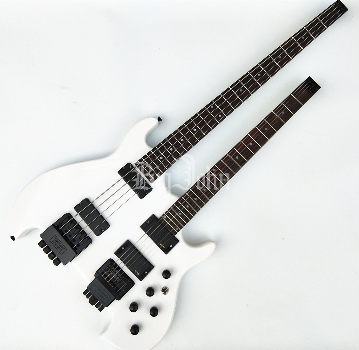 White Double Neck Headless Electric Guitar,4 Strings Bass Upper& Guitar