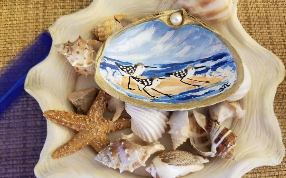 Painted Seashell Coastal Bird Art Shore Bird Art Painted Clam Shell