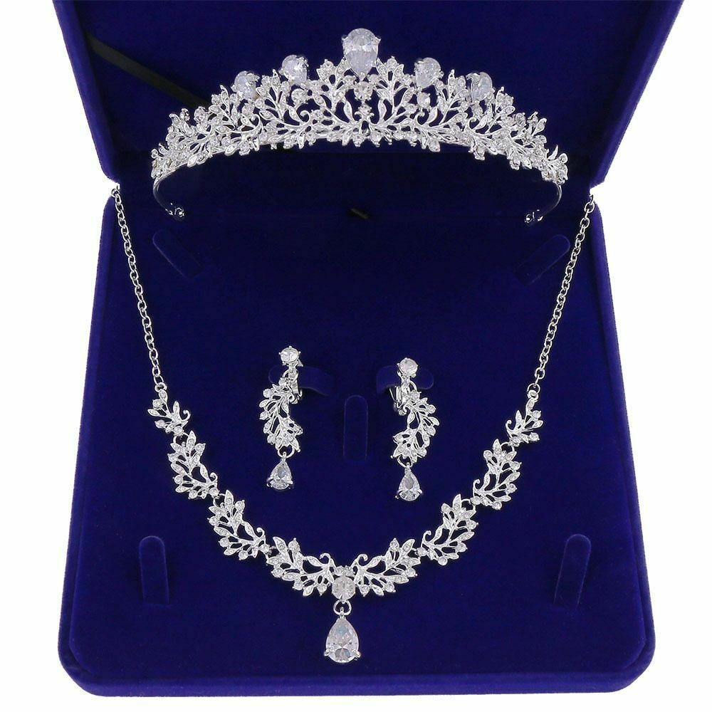 Leaf Rhinestone Crown Tiaras Necklace Earrings Set For Bride Elegant Accessories
