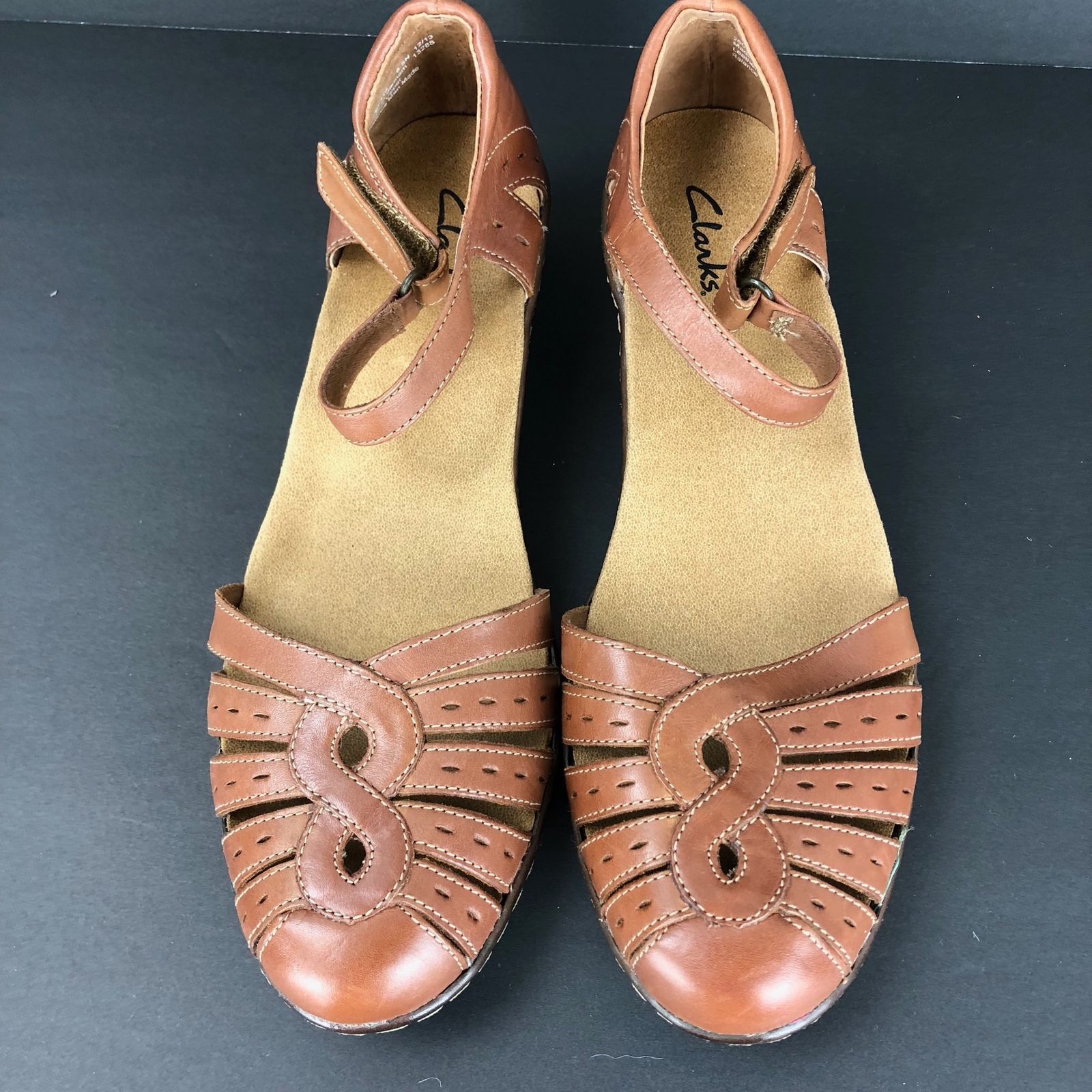 Clarks Tan Leather Soft Cushion Sandals Size 9.5 N Shoe Buckle Closed ...
