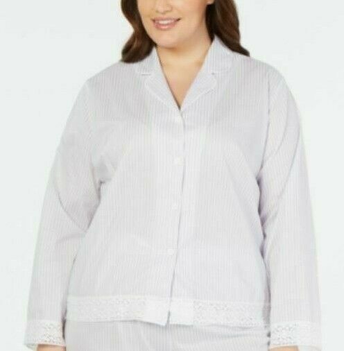 Charter club cotton purple white stripe lace Pajama TOP ONLY plus Size 1X New