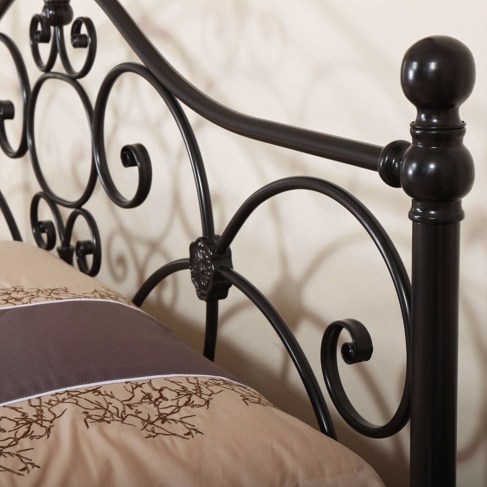 Charcoal Gray Queen King Metal Bed Frame Scroll Headboard Footboard
