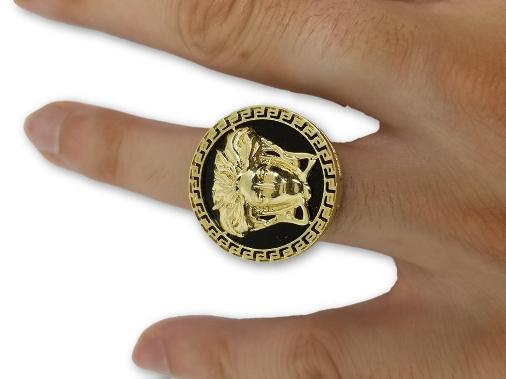 14K Solid Gold Versace Ring With Black Onyx Stone For Men's Rings