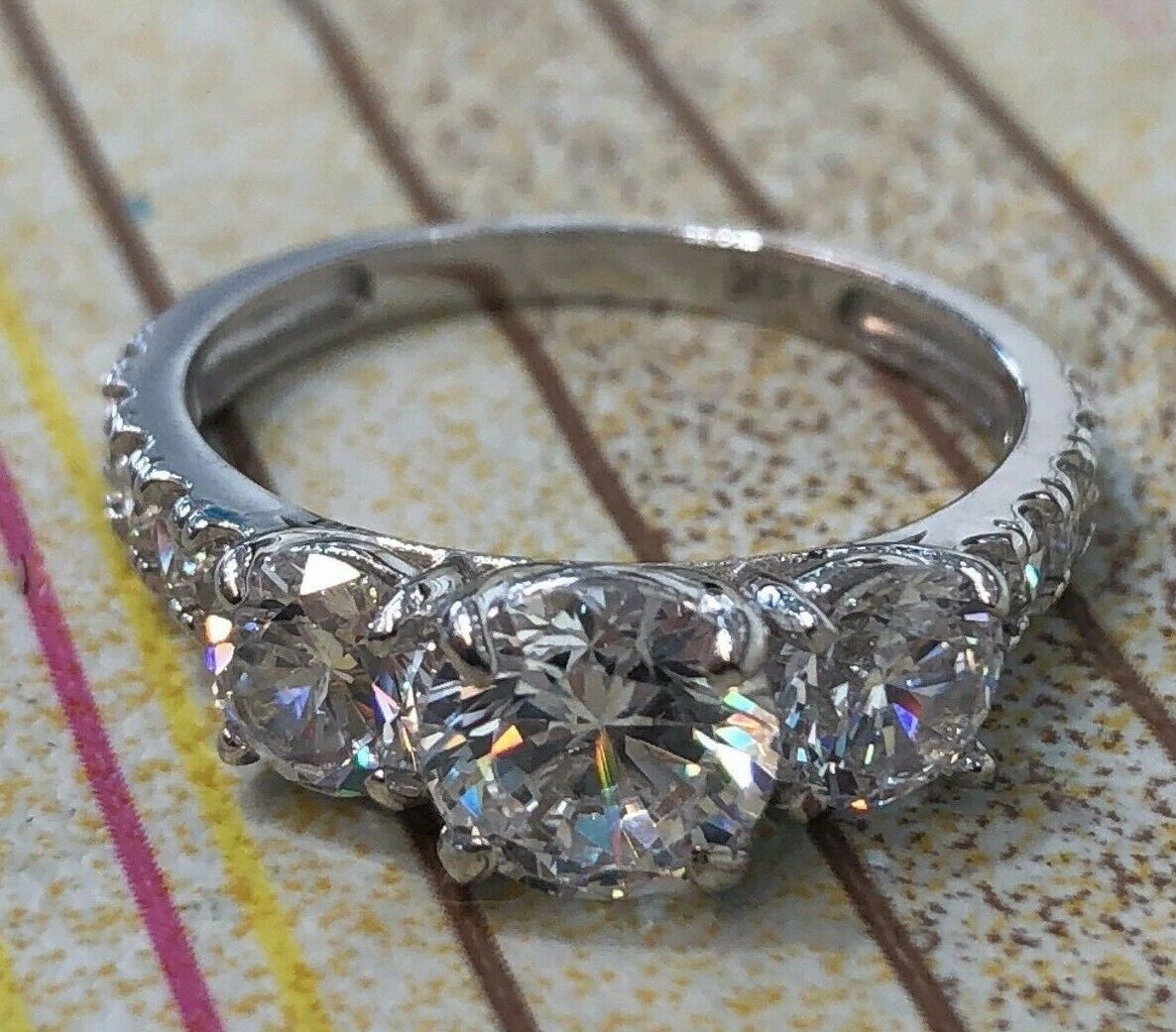 2.5Ct Created Diamond 14K White Or Yellow Gold Three Stone Engagement Ring - $251.02