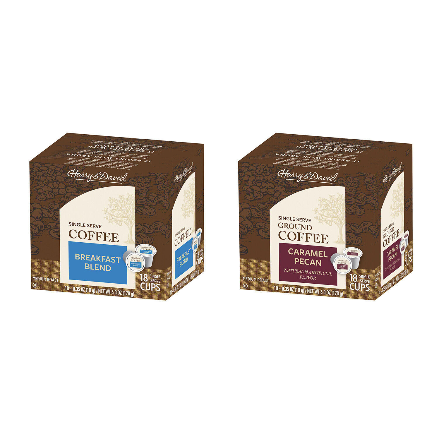Harry & David Coffee Combo,Breakfast Blend,Caramel Pecan 2/18 ct boxes - $24.99