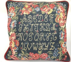 Tapestry Top Throw Pillow Sampler Alphabet Floral Border Navy Blue &amp; Rus... - $23.50