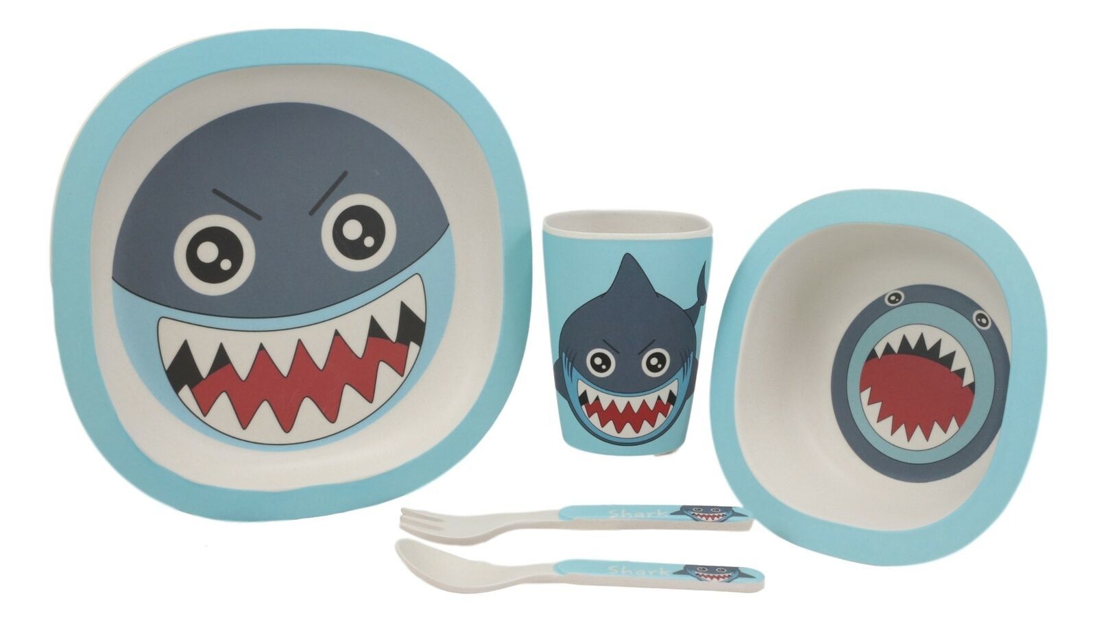 Jaws Shark 5 Piece Organic Bamboo Dinnerware Set For Kids Children Toddler Baby