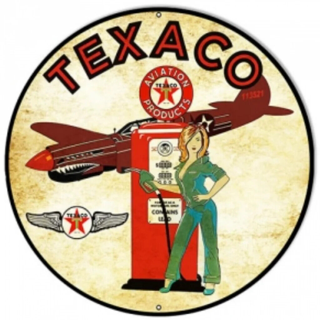 Texaco oil gas station p40 Warhawk plane pinup girl steel metal sign ...