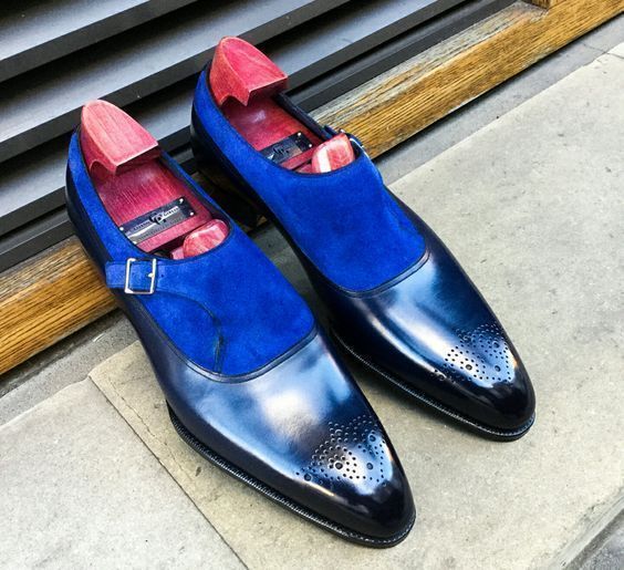 Handmade blue Suede Monk Shoes, Men blue Monk Genuine Leather Shoes