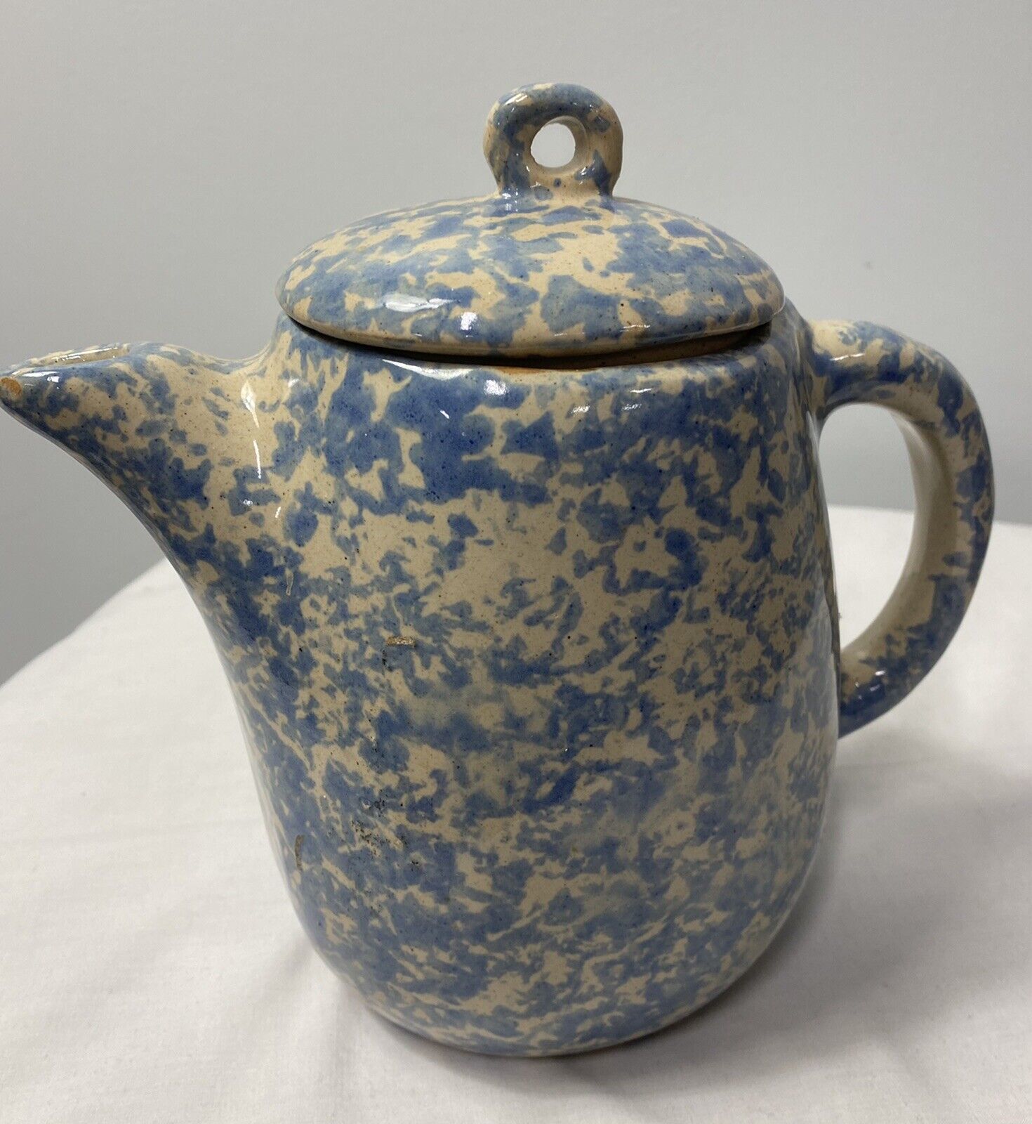 Bybee Pottery Blue on Off White Spongeware Pottery Stoneware Pitcher w