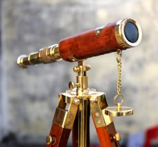 NauticalMart Antique Brass Leather Telescope With Wooden Stand Tripod