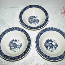 Homer Laughlin Shakespeare Rim Cereal Soup Bowls 3 Blue & White Stagecoach House - $12.89