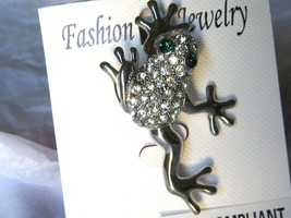 Silver white crystal frog with green eyes crystal brooch 1.8" long - $20.97